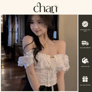 [Sẵn] Áo sơ mi trắng kiểu bệt vai croptop phối hoạ tiết phong cách uzzlang M1