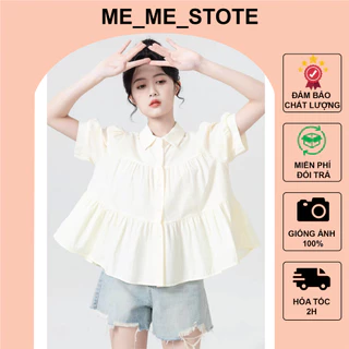 Áo sơ mi nữ ngắn tay babydoll 3 tầng cổ bẻ kiểu Hàn Quốc màu be - me me store