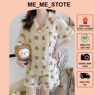 bộ mặc nhà Pyjama họa tiết gấu dễ thương bèo cổ ngắn tay, quần áo ngủ nữ chất liệu đũi xốp  phong cách Hàn Quốc