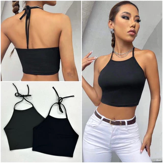 Áo yếm croptop cột dây thun poly 4 chiều màu đen và xám