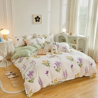 Bộ vỏ chăn ga gối cotton poly Lidaco decor phòng ngủ vintage - Hoa lavender (SP001504)