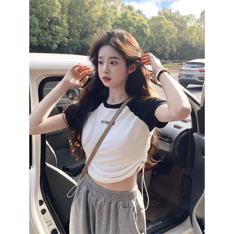 Áo thun croptop rút eo tay ngắn cổ tròn aoa thun croptop nữ tay ngắn cổ tròn chất thun cotton co dãn PHỐI TAY ETTERING