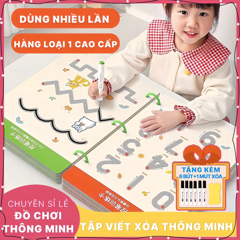 Tập tô vẽ thông minh, tập viết xóa được 64 trang - Đồ chơi Giáo dục toàn diện Montessori cho bé từ 2-3-4-5 tuổi