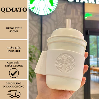 Bình giữ nhiệt Starbucks mẫu béo lùn 450ml, bình nước cute nắp kín kèm ống hút Qimato