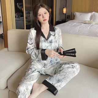 Bộ Ngủ Mặc Nhà Pijama Lụa Dài Tay, Họa Tiết Dễ Thương, Nữ Tính Phong Cách Hàn Quốc Sang Chảnh-HÀNG QUẢNG CHÂU