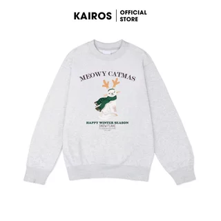 Áo sweater xám Kairos form rộng tay bồng chất nỉ lót bông mềm mại co dãn 2 chiều mẫu Meowy Catmas