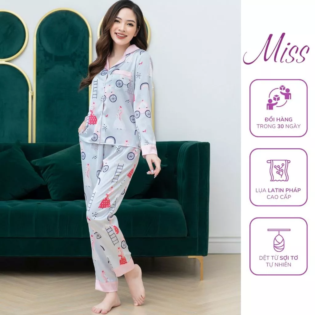 BỘ ĐỒ NGỦ DÀI TAY HỌA TIẾT CÔNG CHÚA, BỘ PIJAMA LỤA LATIN PHÁP CAO CẤP SANG TRỌNG - DT23 - DÀI CÔNG CHÚA