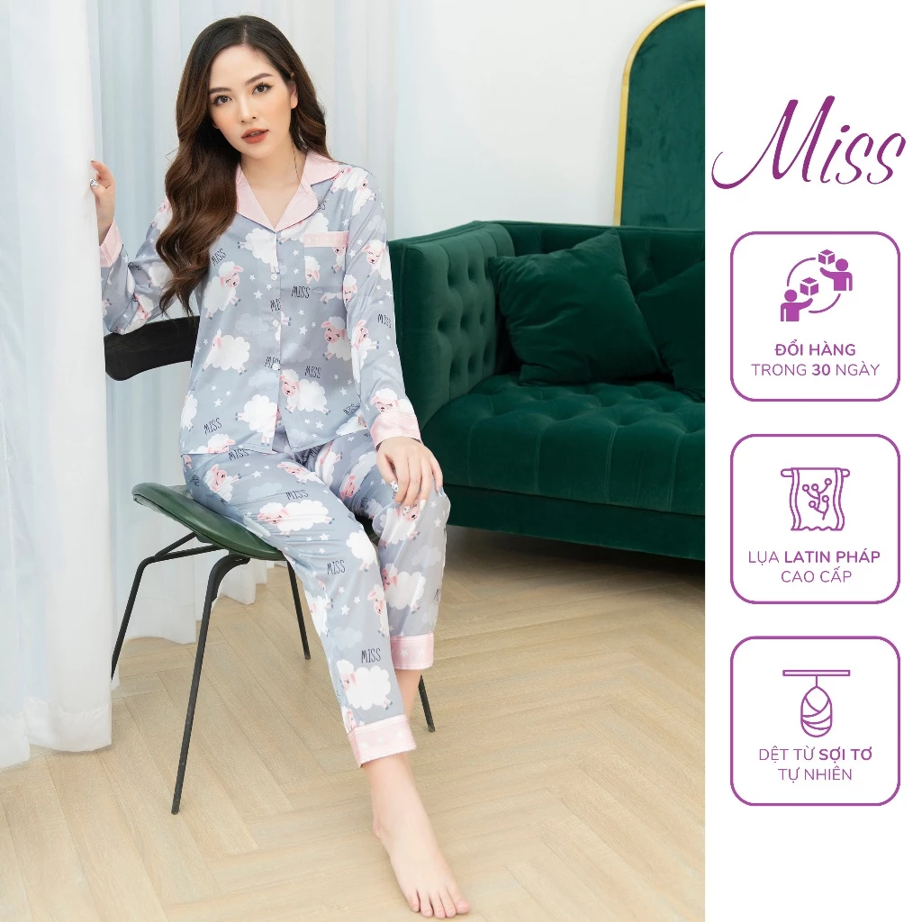 BỘ ĐỒ NGỦ DÀI TAY LỤA CAO CẤP, PIJAMA LỤA LATIN PHÁP THIẾT KẾ HỌA TIẾT TRẺ TRUNG THANH LỊCH - DÀI CỪU MISS - DT09