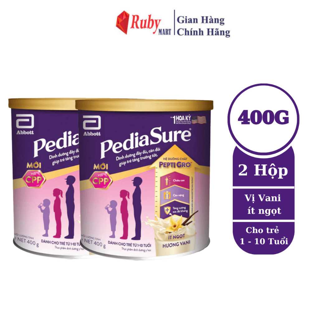 [Date T2/26] Combo 2 lon Sữa bột Pediasure 400g hương vani ít ngọt cho trẻ biếng ăn từ 1 đến 10 tuổi