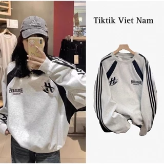 Áo sweater dáng rộng unisex màu ghi tay kẻ sọc đen chữ Hooligans phong cách năng động - Tiktik