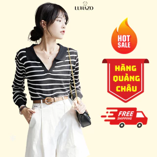 Áo Thun len dệt kim dài Tay Cổ Chữ V bẻ polo LUHAZO  Họa Tiết Sọc Ngang Thời Trang Cho Nữ M173 D2-4