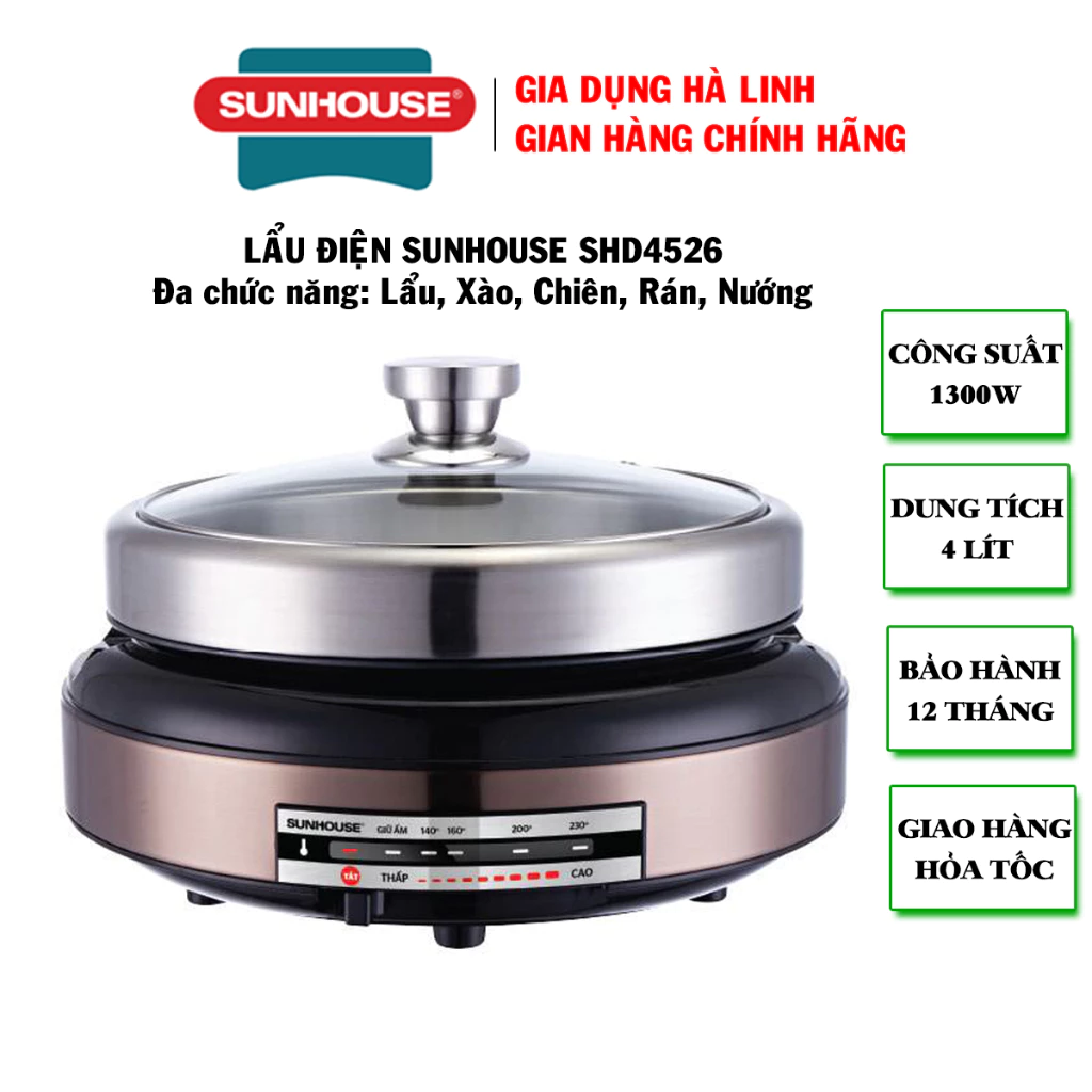 Lẩu điện Sunhouse SHD4526, Công suất 1300W, Dung tích 4 lít, Có khay nướng, BH 12 tháng