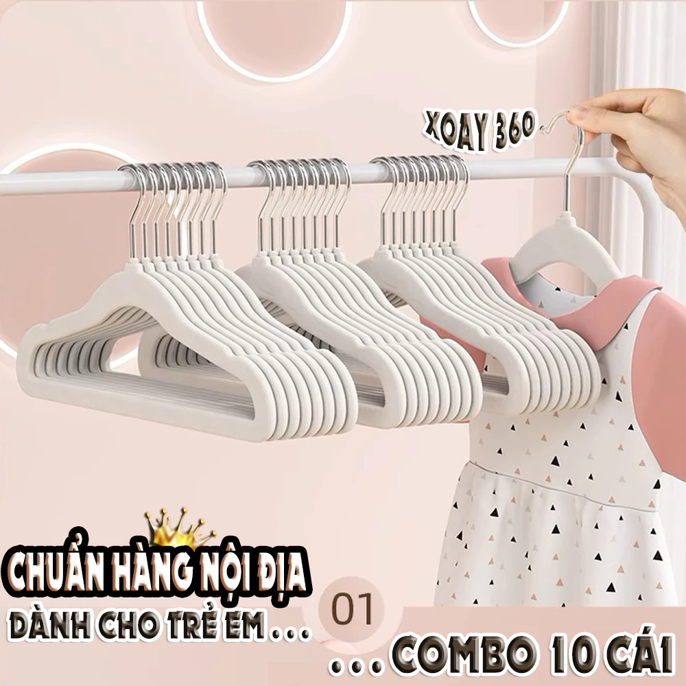 Bộ 10 Móc treo áo trẻ em bọc nhung LD thiết kế xoay 360 chống trượt, chống nhăn, không để lại dấu vết