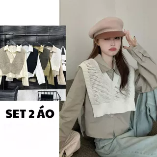 HỎA TỐC HCM Áo cặp sơ mi phom rộng kèm ghile len lưới SET34 Set 2 áo