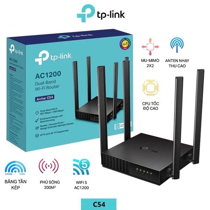 Bộ Phát Wifi TP-Link Archer C54 Băng Tần Kép 2.4Ghz / 5Ghz Chuẩn AC1200 Mbps