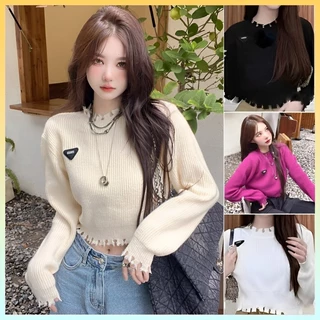 [A239] Áo len thun nữ Montoghi dệt kim CROPTOP logo TAM GIÁC phối VIỀN RÁCH tay dài cá tính - L2M