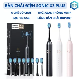 Bàn Chải Điện Đánh Răng Sonic X3 PLUS Thông Minh 6 Chế Độ Làm Sạch Tặng Kèm 4 Đầu Thay Thế Lông Mềm Cao Cấp | TEKI