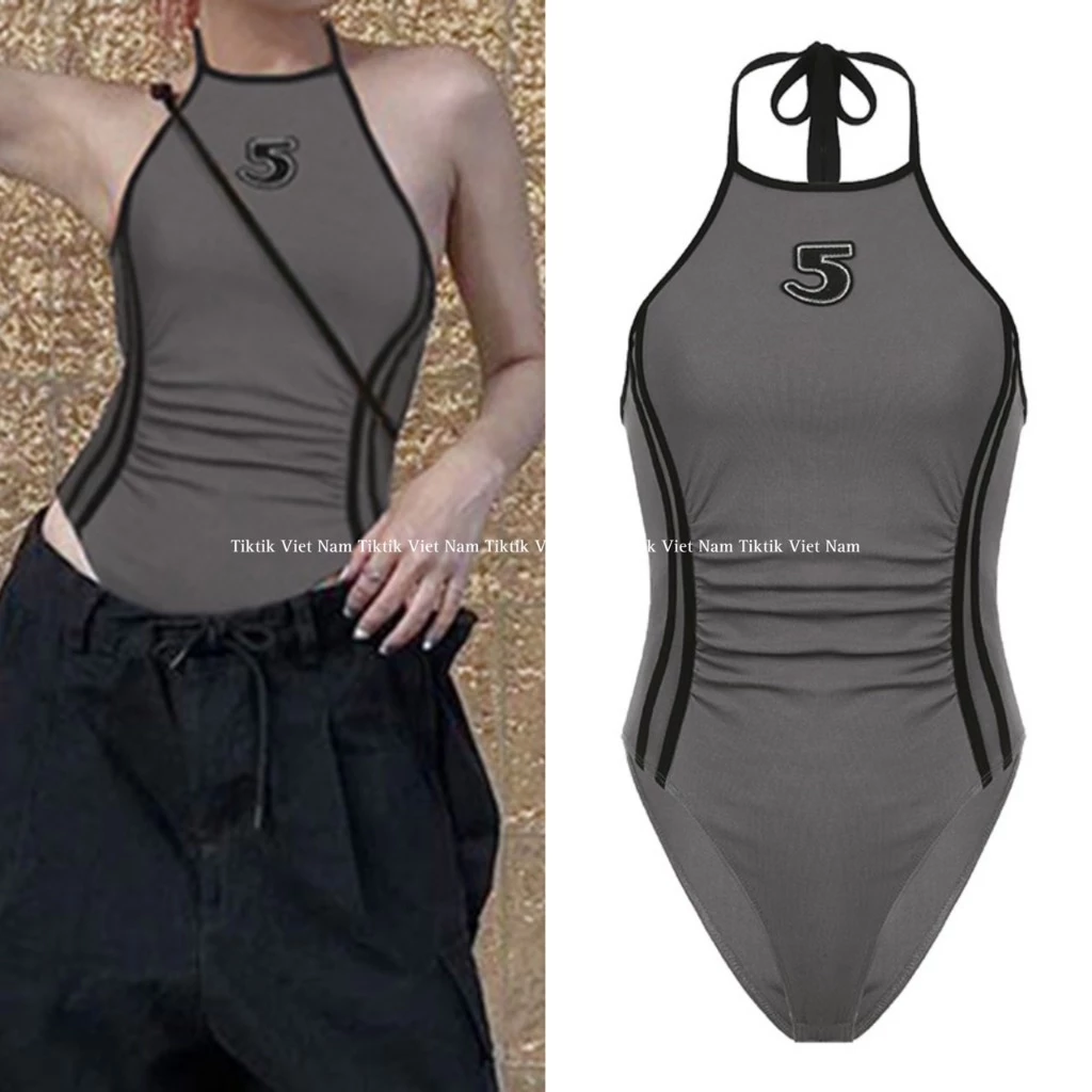 Áo bodysuit hai dây cổ yếm màu rêu cá tính sexy quyến rũ - Tiktik