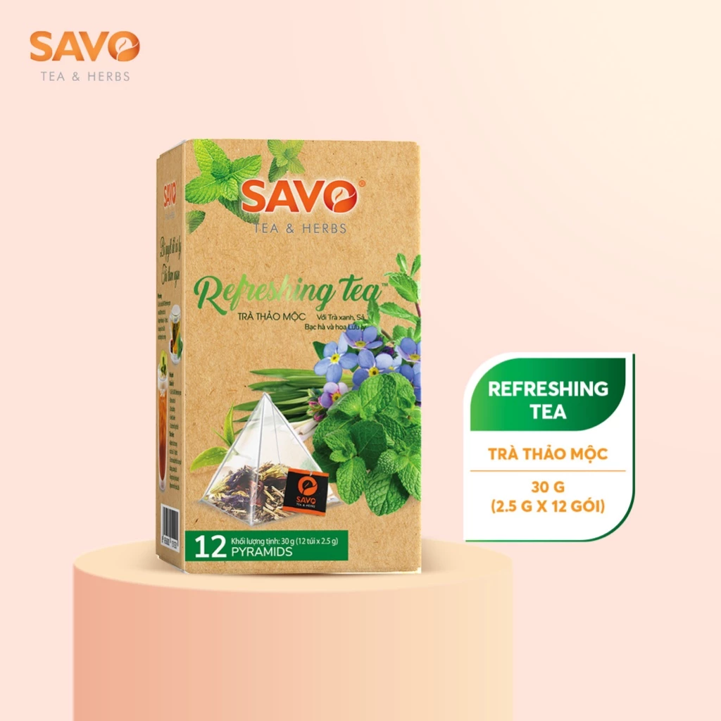 [Date 2/2025] Trà Thảo Mộc Đặc Biệt Refreshing Tea SAVO túi lọc tam giác cao cấp (hộp 12 gói x 2.5g)