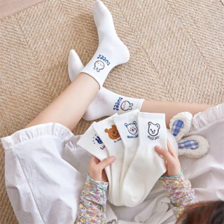 Set 10 Đôi Tất Vớ CỔ CAO Nữ Tone TRẮNG Họa Tiết GẤU THỎ Xinh Vải Cotton