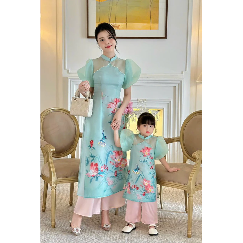 Áo dài mẹ bé set cặp đôi mặc tết màu xanh đính kết cao cấp