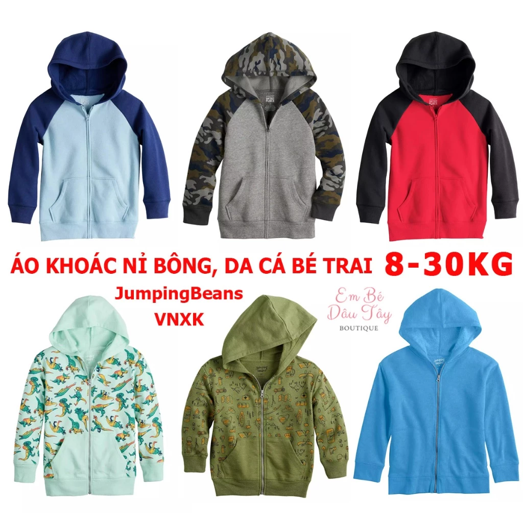 Áo khoác bé trai 8-30kg nỉ bông da cá J.Beans xuất dư xịn size 12M-10Y (8-32kg) Hoodie khóa kéo có nón bé mẫu giáo cấp 1