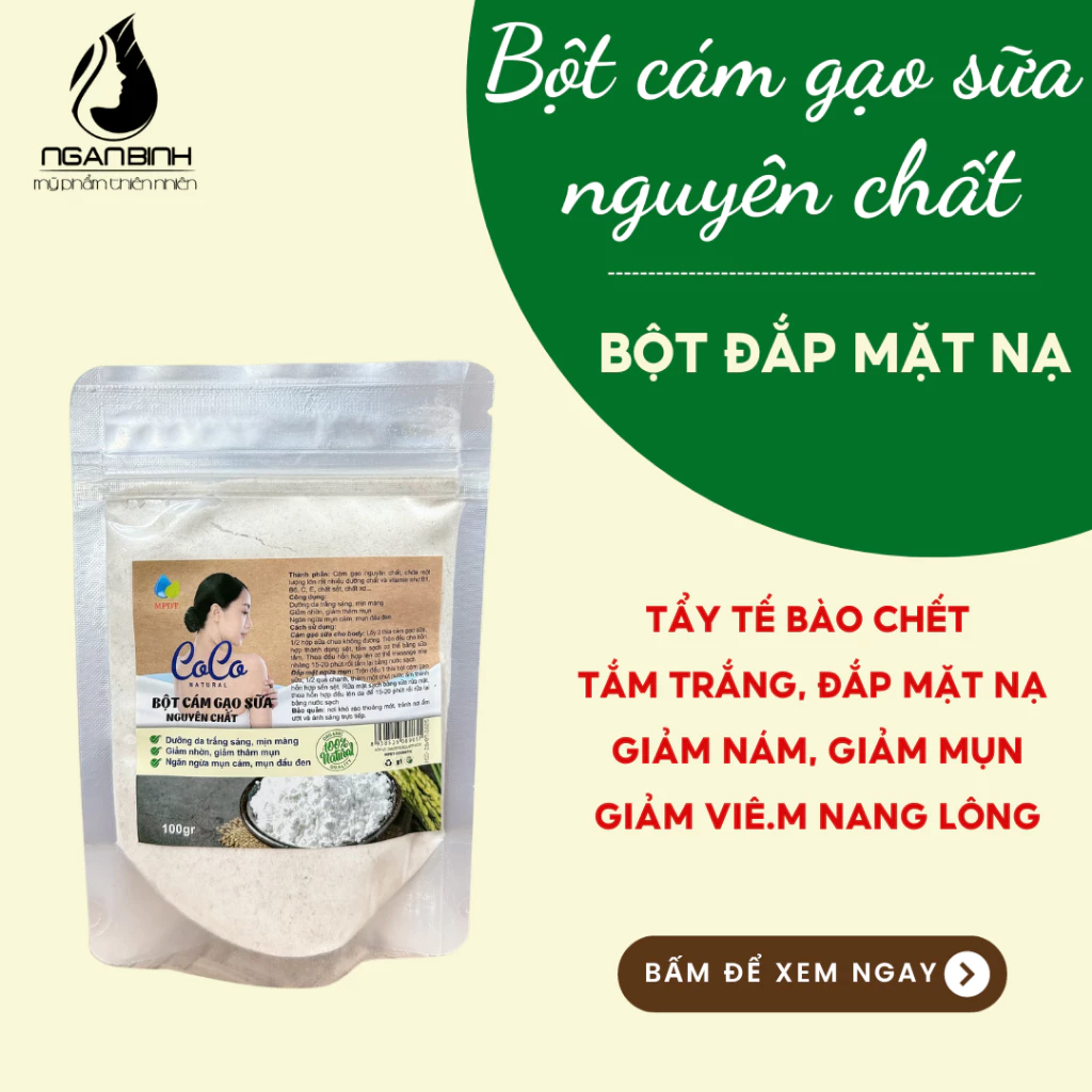 Bột Cám Gạo Sữa Nguyên Chất 100% CoCo Dưỡng Trắng Giảm Mụn Mềm Mịn Da Gói 100gr