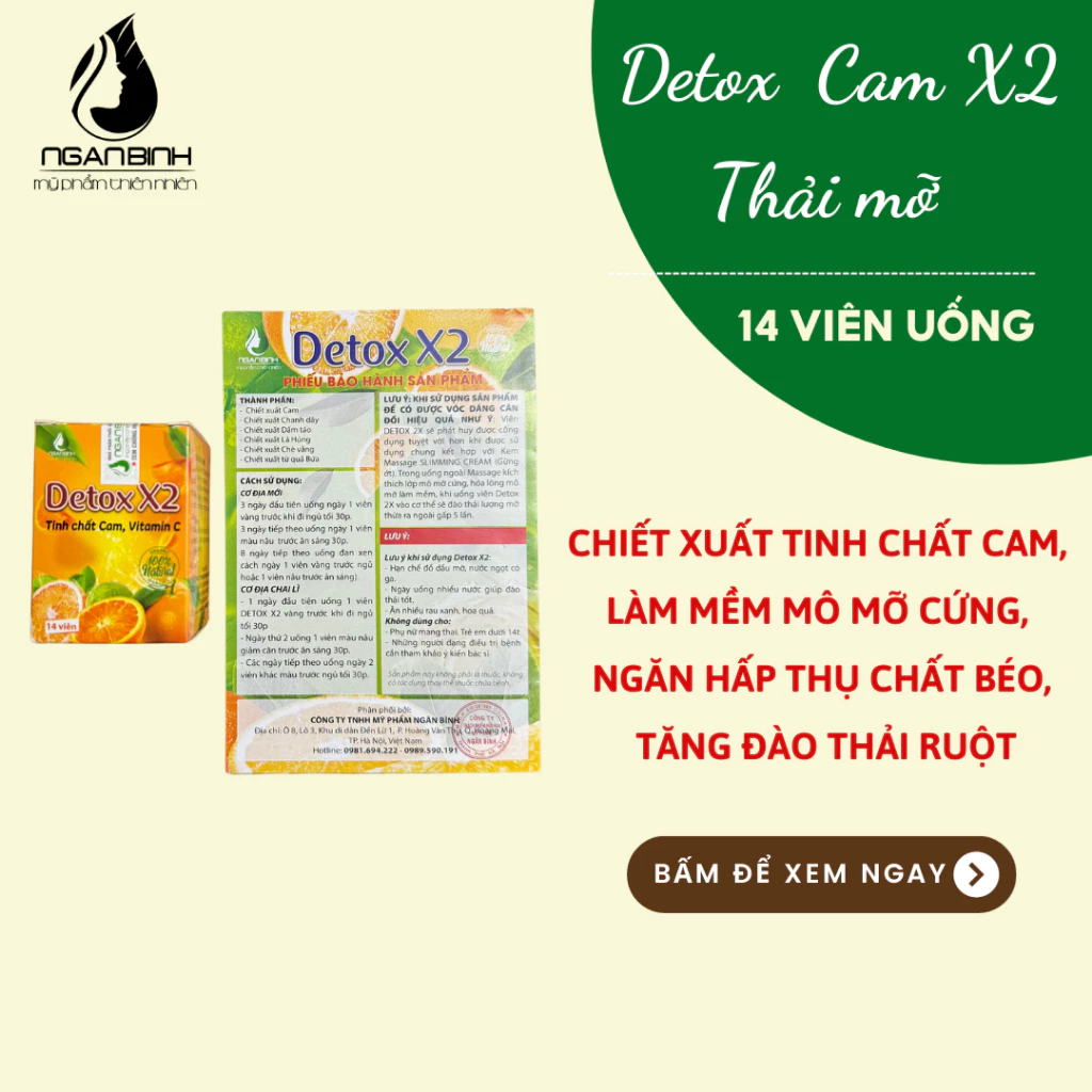 [Có tem ] DETOX X2 - Tinh chất cam , vitamin C, Viên xổ mỡ- giảm mỡ bụng đùi chính hãng NGÂN BÌNH