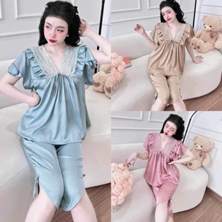 Đồ Ngủ Pyjama - Tiểu Thư Áo Tay Ngắn Quần Lửng Cổ Ren V - Chất Lụa Latin Cao Cấp