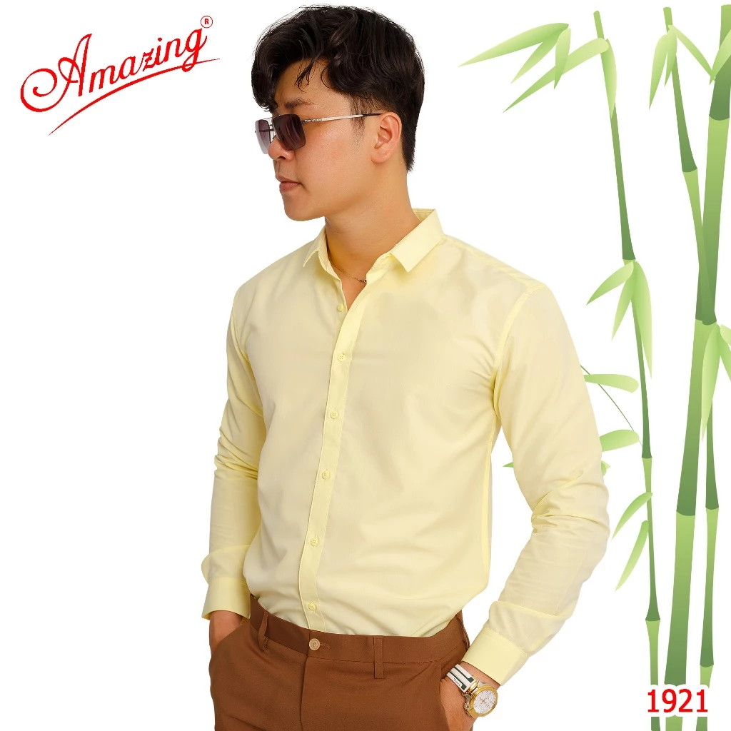 Áo somi nam màu trơn tay dài, style Hàn Quốc, dáng body, không túi, vải Bamboo nhẹ mát, hiệu Amazing