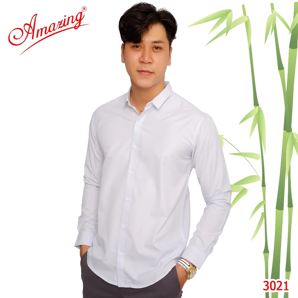 Áo sơ mi nam công sở Amazing, màu trơn, form slim fit không túi, vải Bamboo, phong cách Hàn, vạt bầu