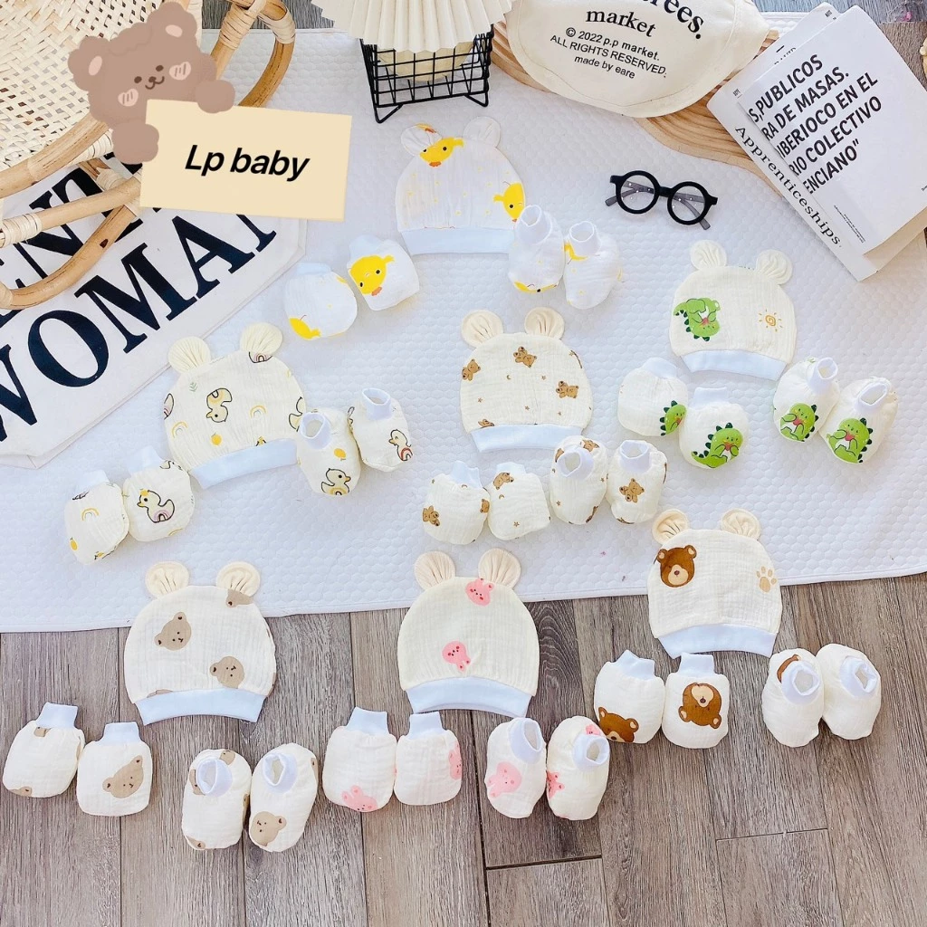Set mũ bao tay chân vải xô Muslin cao cấp cho bé sơ sinh