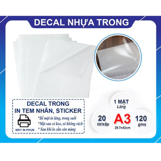 DECAL PVC TRONG SUỐT KHỔ A3 IN PHUN MỰC GỐC NƯỚC XẤP 20 TỜ