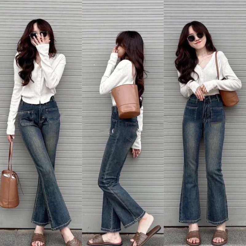 Quần jean nữ ống loe,quần bò loe cạp cao hack dáng chất jeans co giãn-MINXY SHOP