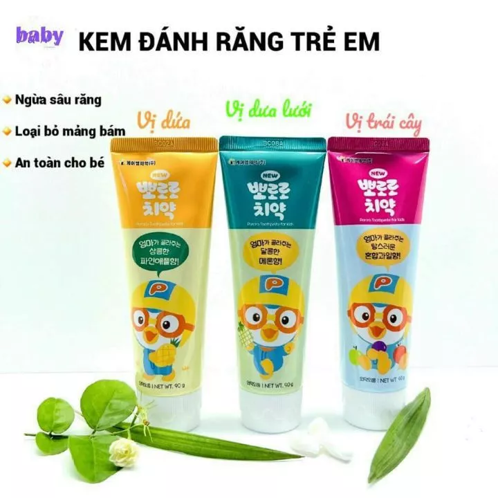 Kem đánh răng trẻ em / Pororo tuýt 90g hương trái cây màu hồng/ Hàn Quốc