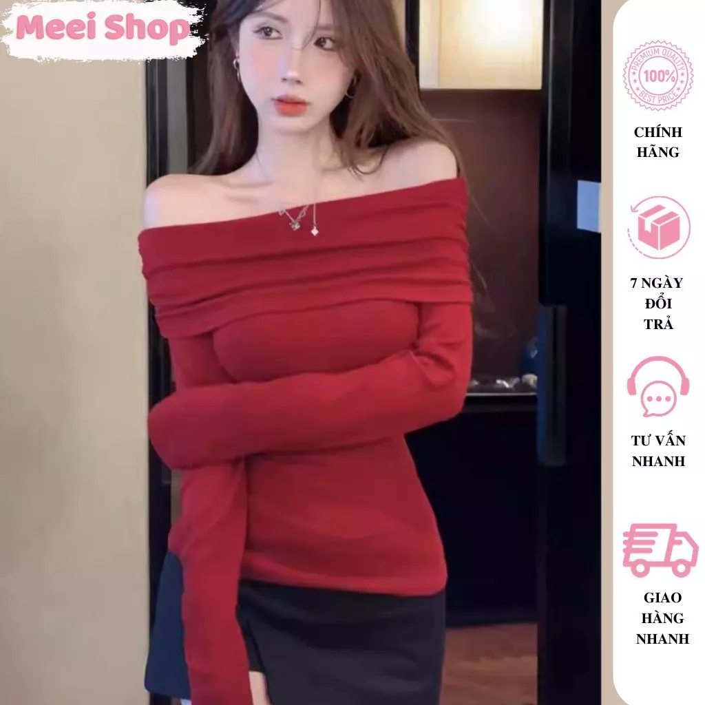 Áo kiểu nữ trễ vai tay dài ôm body Meei Shop, Áo thun kiểu nữ trễ vai chất gân tăm phong cách sang chảnh tiểu thư -A258-