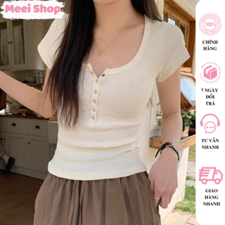 Áo thun nữ ngắn tay cổ vuông phối nút Meei Shop, Áo kiểu nữ ôm body tôn dáng phong cách cá tính năng động -A257-