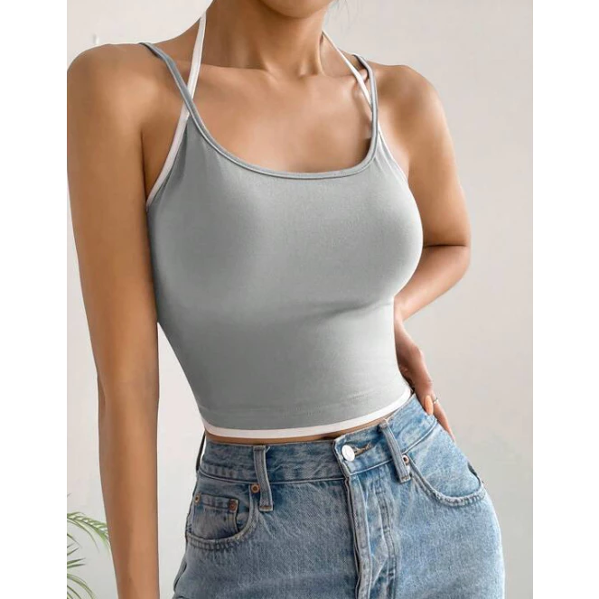 Áo thun 2 dây croptop cột dây cổ phối 2 màu xám trắng( hình thật ở cuối)