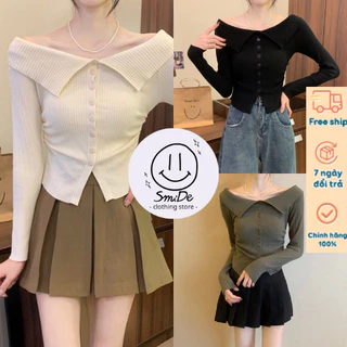 Áo Len Ôm Croptop Tay Dài Gân Tăm Khuy Trễ Vai Tôn Dáng Siêu Trendy Hàng QC Cho Cac Nằng Sành Điệu | Smide Clothing