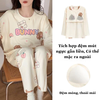 (CỰC HOT) Bộ Mặc Nhà Cotton Cổ Tròn Dài Tay Có Miếng Đệm Lót Ngực Dày Dặn, Chất Liệu Mềm Mịn, Thoải Mái