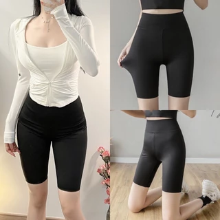 Quần Legging lửng nữ vải umi hàn cạp cao màu đen thể thao nâng mông Quần ngố nữ mặc nhà dáng ôm bó lưng thun tập gym đen