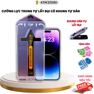 Kính cường lực iphone Tự lấy bụi KTMStore,Kính trong có khung tự dán và bảo vệ loa, 11 12 13 14 15 Promax , Plus