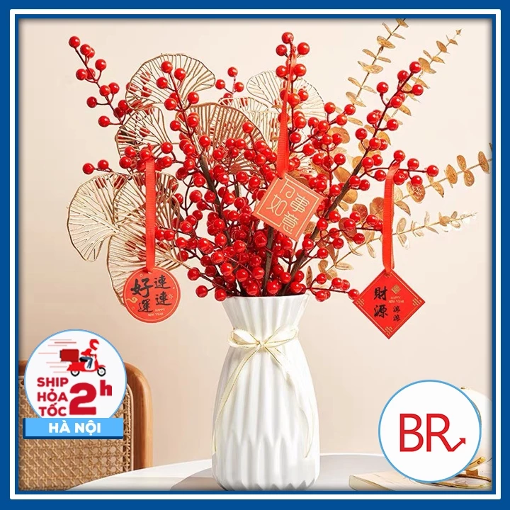 Sỉ Combo Cành hoa đào đông đỏ trang trí Tết hottrend Tặng kèm Bình và Liễn - 4 đông đào 2 lông công 2 táo vàng 1 rẻ quạt