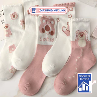 Set 5 Đôi Tất Cao Cổ Nữ Họa Tiết Gấu Dâu, Vớ Cotton Màu Hồng Hình Gấu LOTSO Phong Cách Hàn Quốc