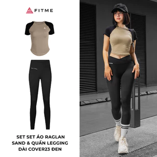 Bộ đồ tập thể thao áo thun Raglan Sand, quần Legging phối xéo Đen tập gym yoga thoáng mát