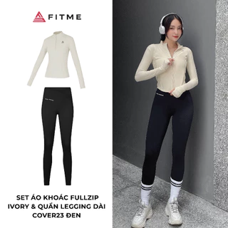 Bộ đồ tập gym yoga Fitme Cover23 áo khoác fullzip ivory quần legging phối xéo đen