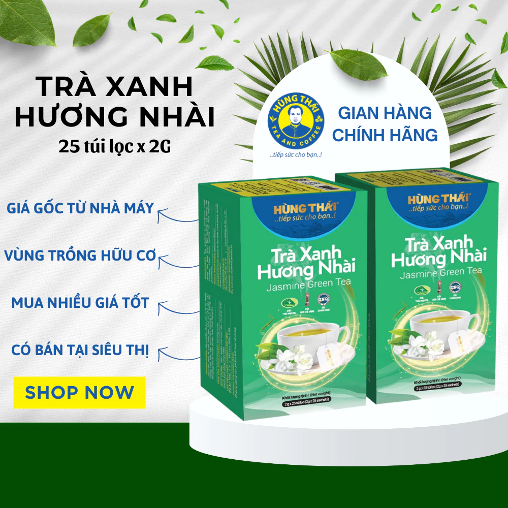 Trà Xanh Hương Nhài Túi Lọc Hùng Thái Tiện Lợi Đặc Sản Thái Nguyên Hương Nhài Thơm Ngon Giúp Giảm Stress Hộp 25 Gói 50G