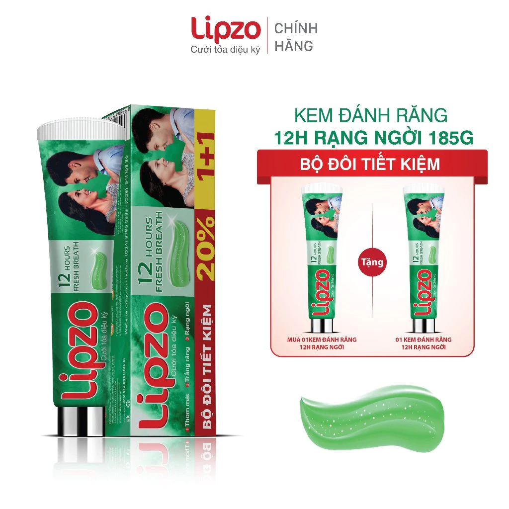 Bộ Đôi Siêu Tiết Kiệm Kem Đánh Răng Lipzo 12 Giờ Rạng Ngời 02 Tuýp 185 Gram Trắng Răng Hiệu Quả Thơm Mát Chống Hôi Miệng