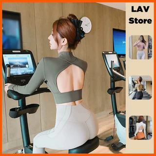 Áo tập gym yoga dài tay có mút đệm, áo dài tay cổ cao hở lưng LAV Store