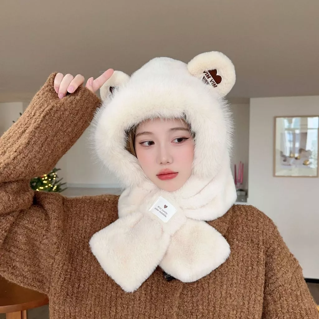 Mũ lông cừu nữ nón len lông cừu nữ tai gấu thời trang kèm khăn quàng cổ giữ ấm Bộ đồ hai mảnh một mảnh,dày dặn và ấm áp